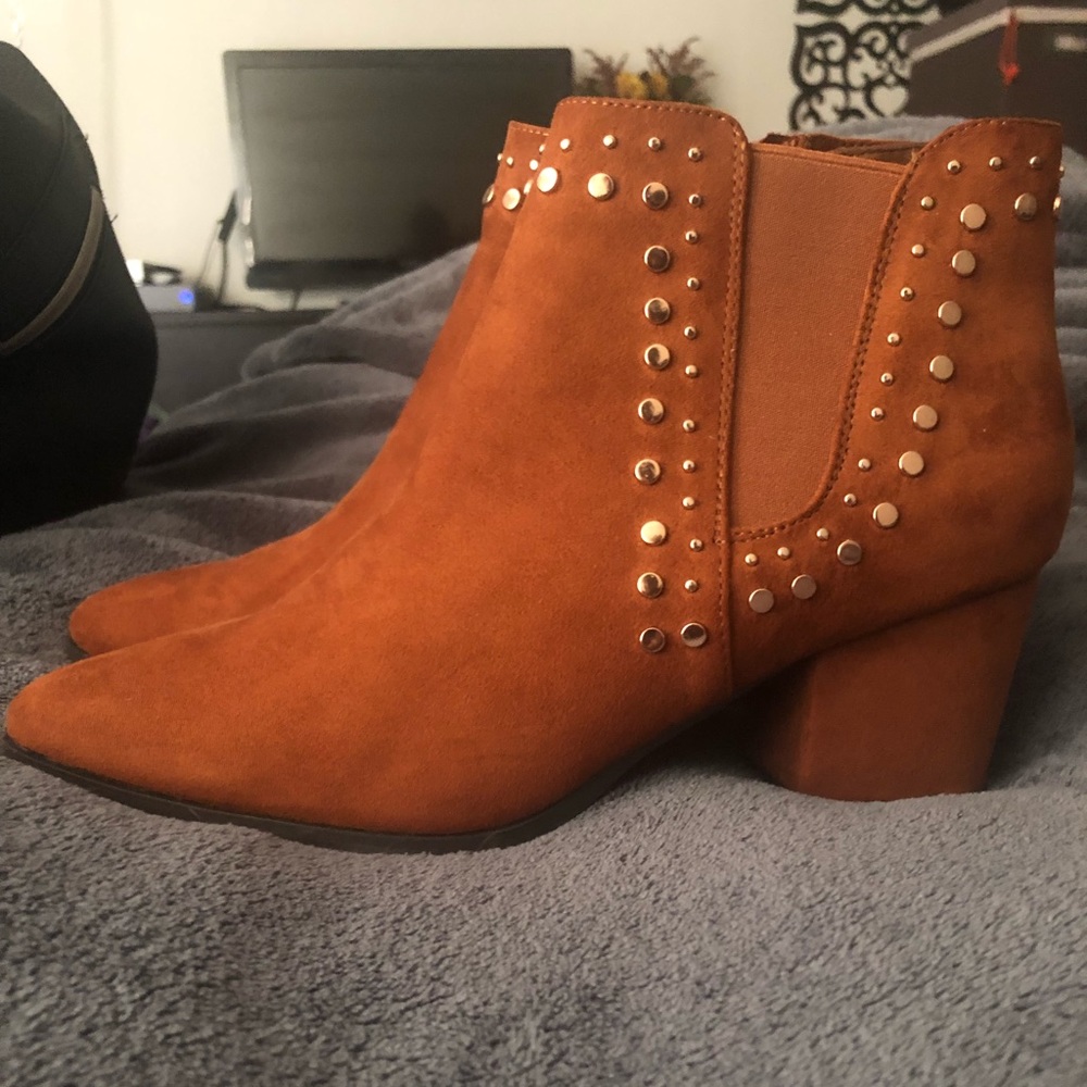 Cognac Suede Booties with Gold Detail